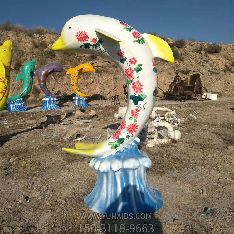 玻璃鋼彩繪海豚，彩色印花海豚雕塑擺件