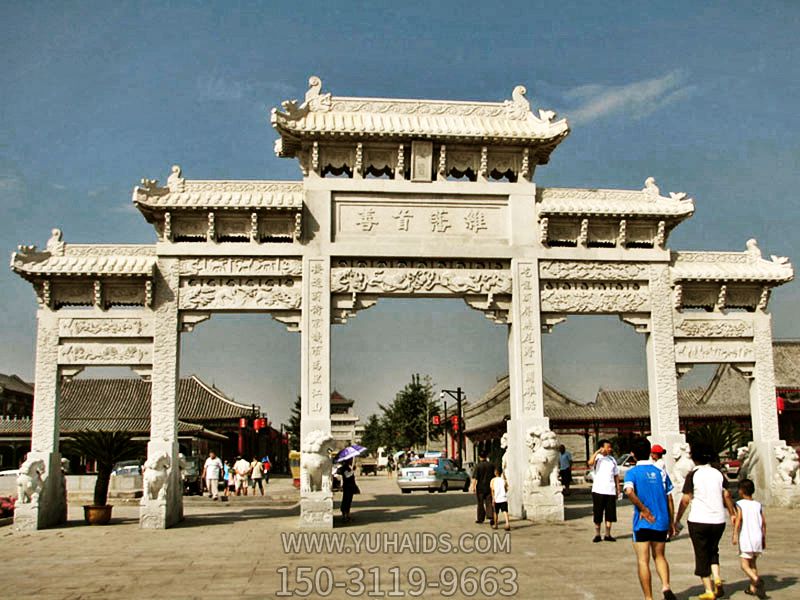古城景區(qū)寺院漢白玉五門(mén)斗拱石雕牌坊雕塑