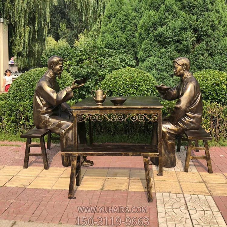 大碗茶，玻璃鋼仿銅民俗生活人物情景雕塑