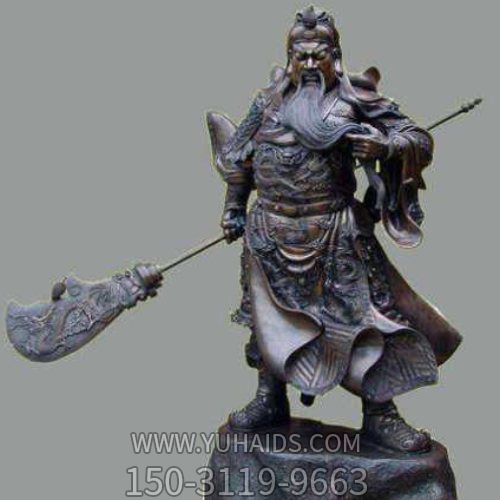 古銅關(guān)公像，右手持刀左手捻須站立的關(guān)于銅雕像雕塑