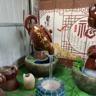 小型玻璃鋼流水天壺雕塑，別墅庭院富水長(zhǎng)流招財(cái)吉祥風(fēng)水噴泉