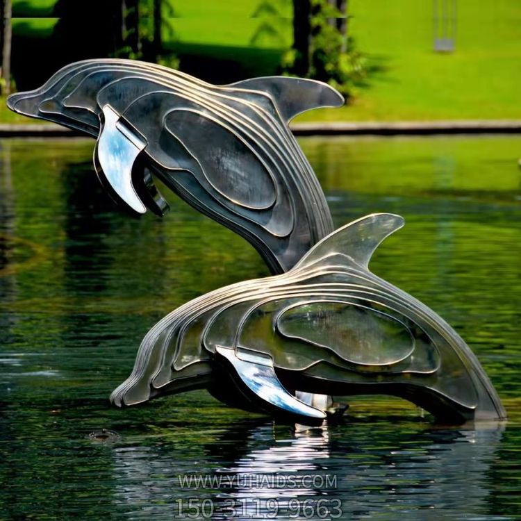 不銹鋼海豚雕塑，池塘水景抽象海豚景觀動(dòng)物雕塑
