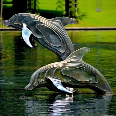 不銹鋼海豚雕塑，池塘水景抽象海豚景觀動物雕塑