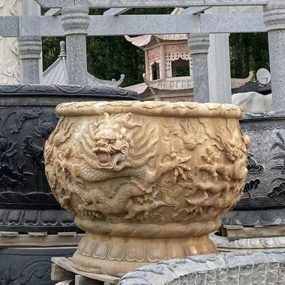 晚霞紅大理石石雕水缸，龍紋魚(yú)缸