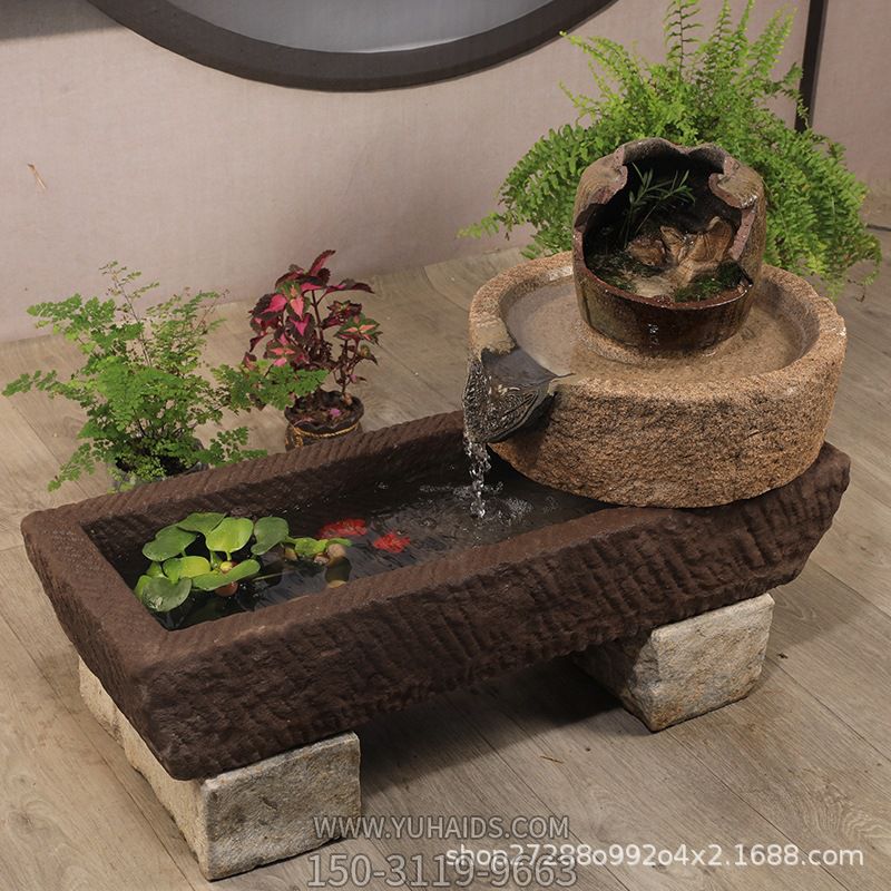 石槽馬槽石磨魚(yú)缸花盆庭院景觀家用戶外流水組合石雕擺件_5280雕塑