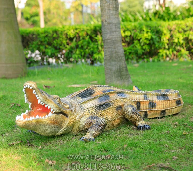 公園草地?cái)[放的張嘴的玻璃鋼彩繪鱷魚(yú)雕塑
