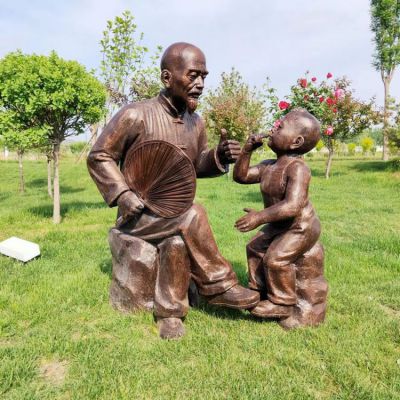 爺爺和孫子，民俗人物情景雕塑