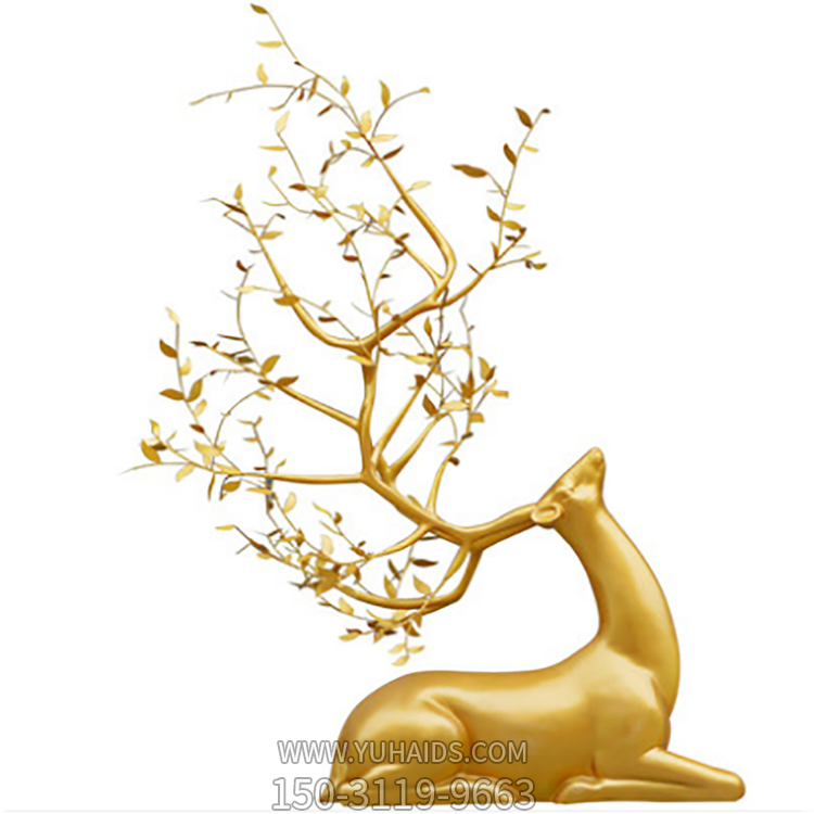 臥姿抬頭梅花鹿，樹葉修飾創(chuàng)意鹿雕塑
