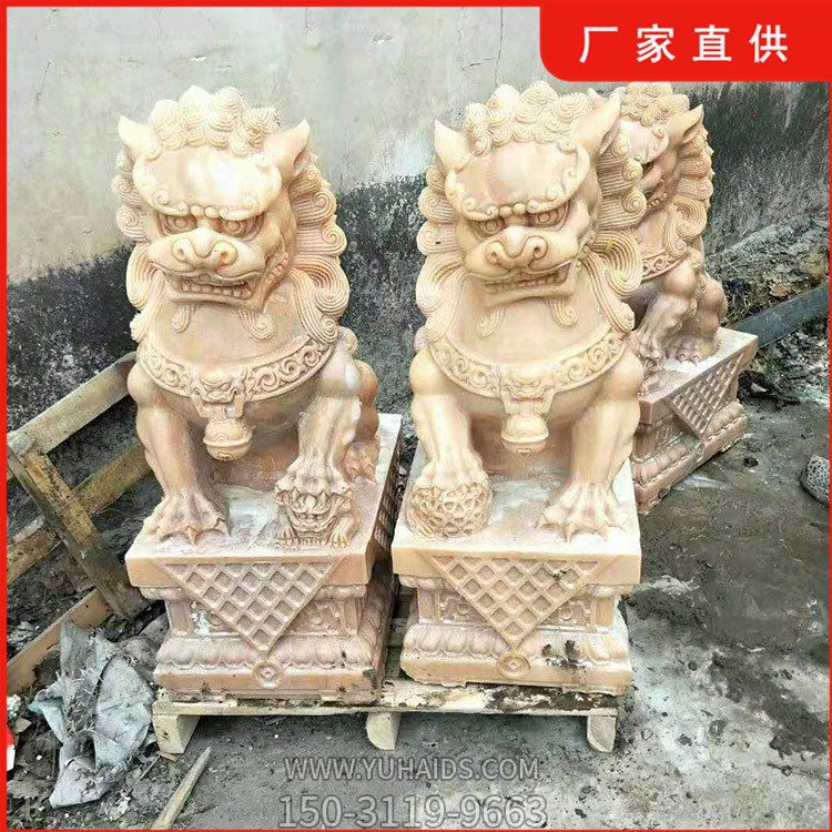 晚霞紅石獅子，大理石石雕看門獅子雕塑