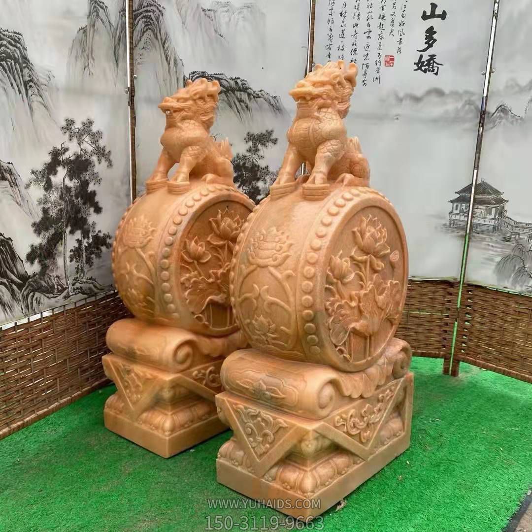 麒麟抱鼓石，晚霞紅荷花門墩雕塑