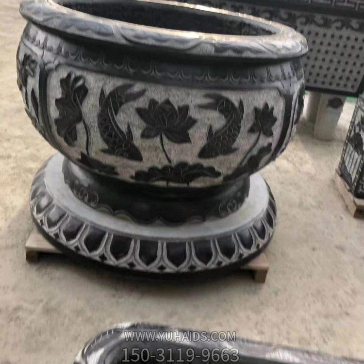 花園擺放青石荷花鯉魚(yú)水缸 陽(yáng)臺(tái)花盆魚(yú)缸雕塑