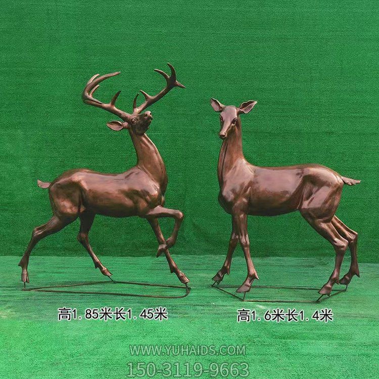 近2米高的玻璃鋼仿銅鹿，可改色，可做鑄銅效果雕塑