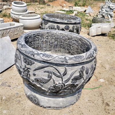 青石魚缸，鯉魚荷花刻紋仿古水缸