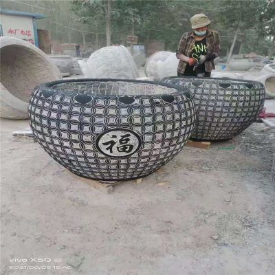 青石雕刻銅錢花紋養(yǎng)魚(yú)水缸庭院擺件