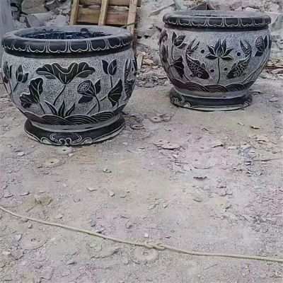鯉魚，荷花，荷葉紋飾石雕水缸