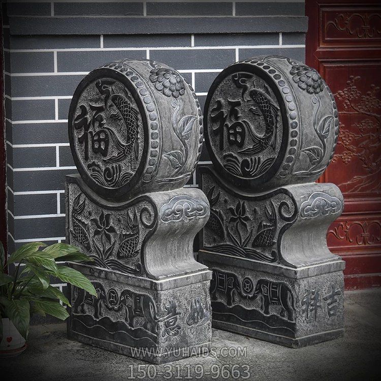 古建門口抱鼓石，黑色大理石雕刻雕塑