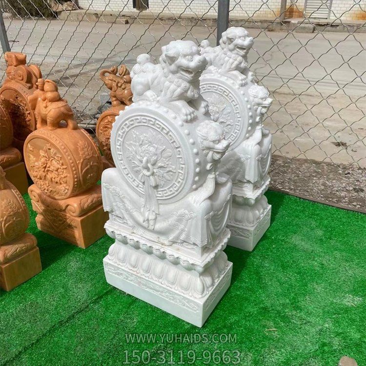 大理石獅子抱鼓石門墩，漢白玉、晚霞紅等石材雕刻雕塑