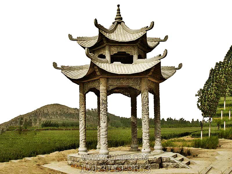 山區(qū)戶(hù)外擺放仿古建雙層涼亭雕塑